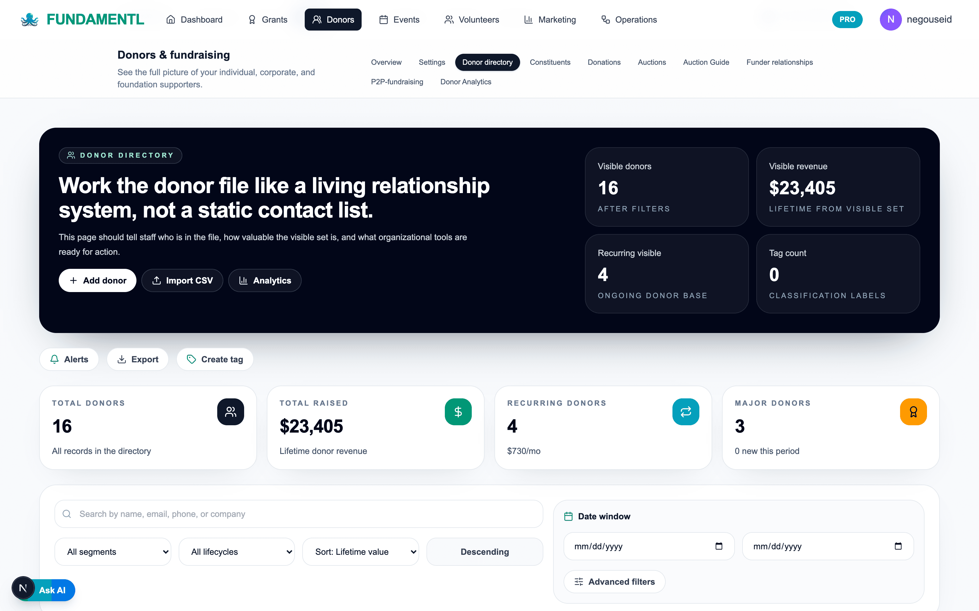 Fundamentl donor CRM showing relationship records and stewardship context