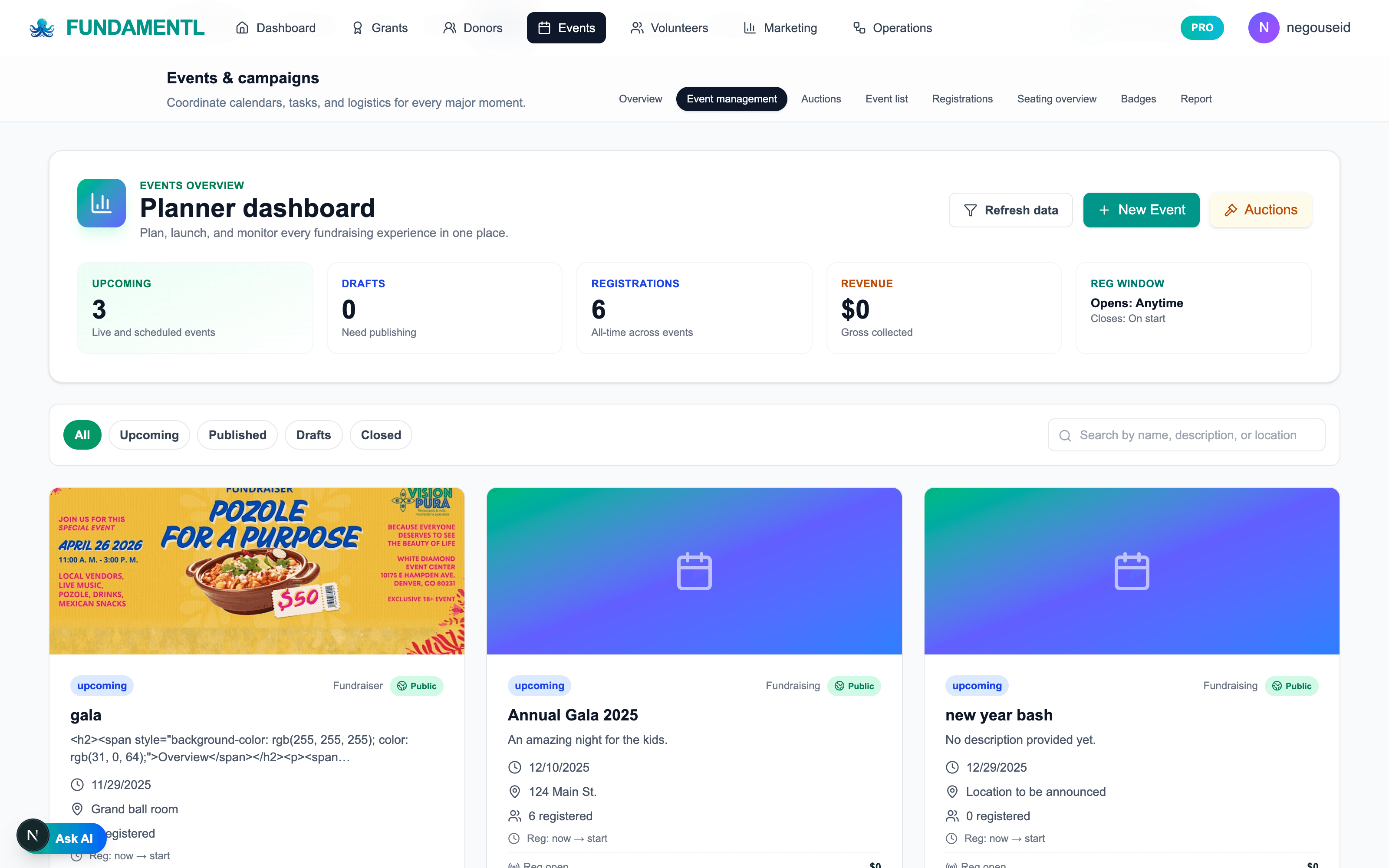 Fundamentl event management dashboard with registrations and event activity