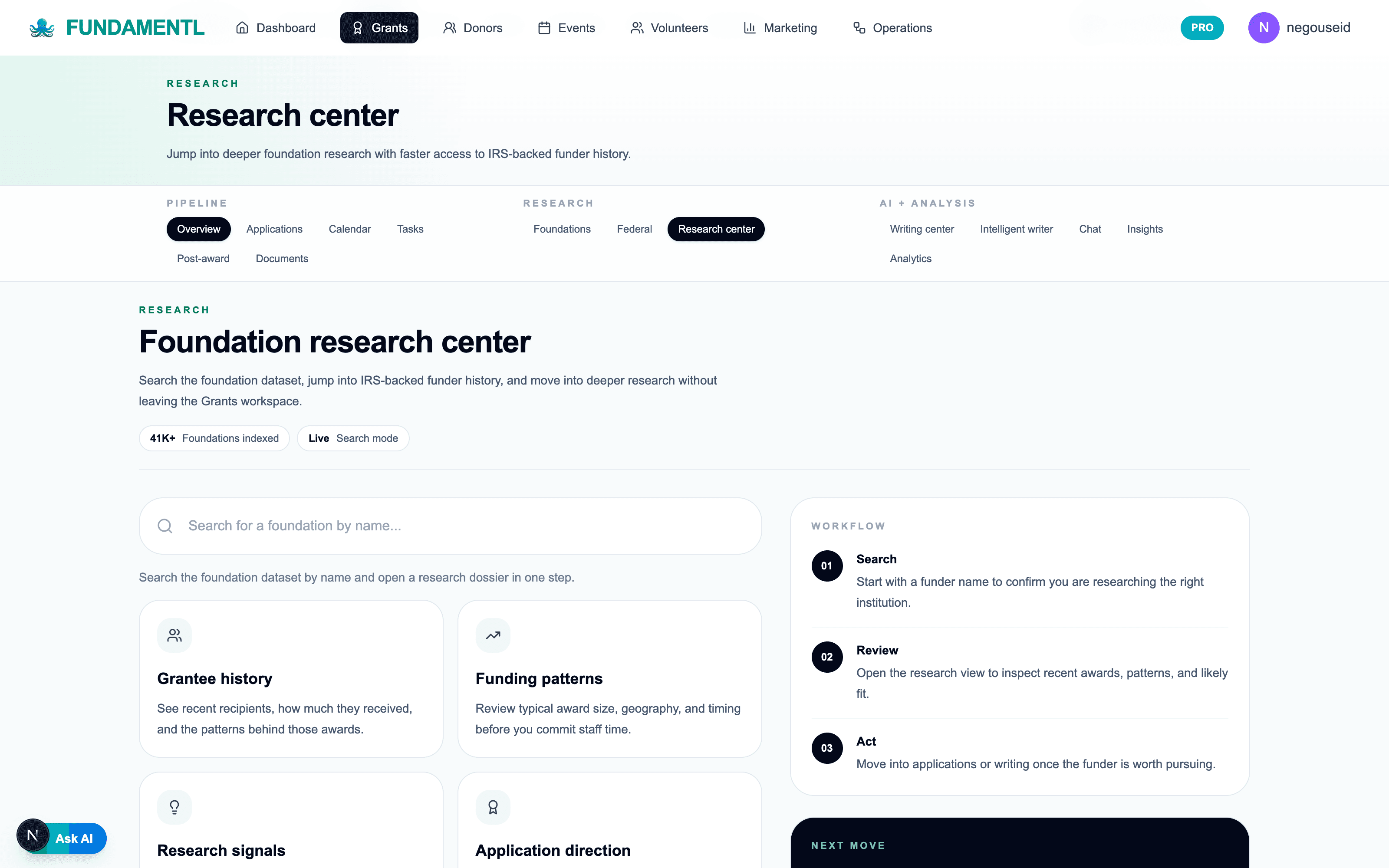 Fundamentl grant discovery workspace with funder research and pipeline tracking